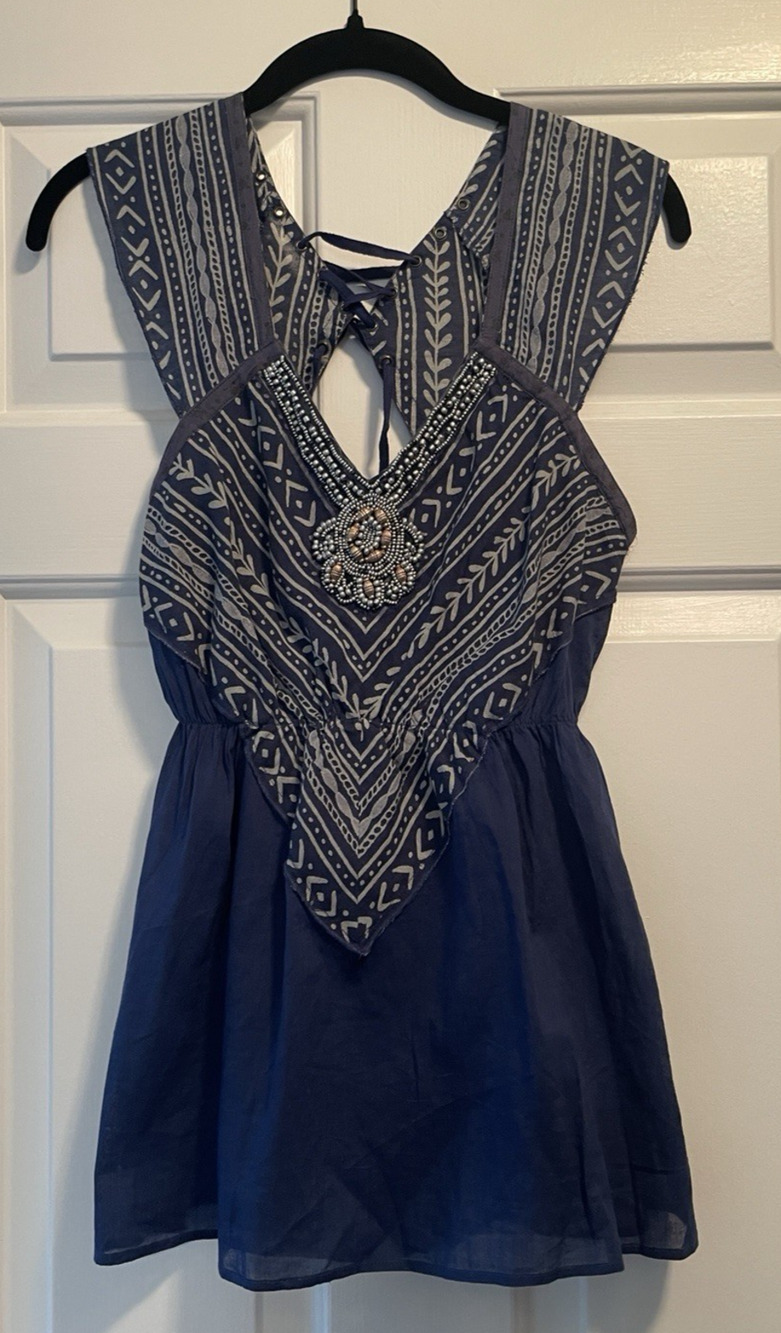 Free People Beaded Tank Top Womens XS Blue V-Neck Boho Festival Lace Up Back